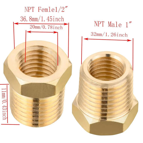 Brass Reducer Hex Bushing One Inch NPT Male To Three Quarter Inch NPT Female Pipe Fitting Adapter, showing dimensions, pack of four.