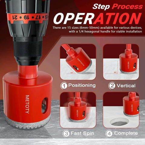 Pro Grade Diamond Hole Saw Drill Bit Set 15 Pc For Ceramic Glass Tile Marble Granite, Dry And Wet Dual Use showcased