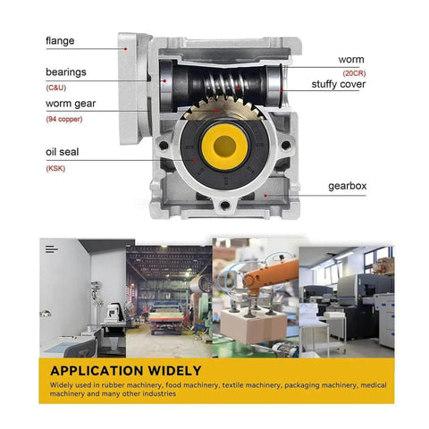 Diagram of NMRV030 Worm Gearbox Square Type Speed Reducer with labeled parts, used for NEMA23 motors, 50:1 ratio, aluminum alloy.