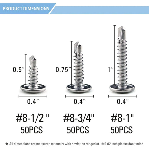 410 Stainless Steel Self Drilling Screws Assortment Kit With Wafer Head Phillips Drive Tek Screws For Sheet Metal Modified Truss Head Includes Eight By One Half Inch Eight By Three Quarter Inch And Eight By One Inch dimensions