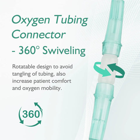 Oxygen tubing connector with 360° swivel in teal plastic, shown between two tubing ends