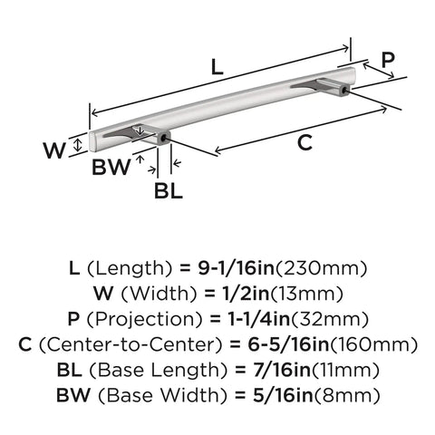 Diagram of Cyprus Six And Five Sixteenths Inch Center To Center Polished Chrome Cabinet Pull with dimensions and measurements.