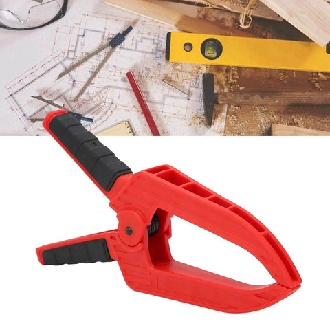 Grippy Woodworking Spring Clamp with Long Flat Nose for Precise Glue Ups and Fixture Work, plastic handle, heavy duty metal spring, red