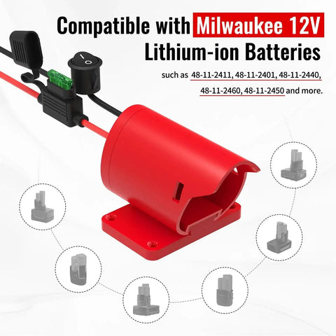 Two Pack Power Wheel Battery Adapter Kit For Milwaukee 12V with switch, fuse, and wire, compatible with specific Milwaukee models.