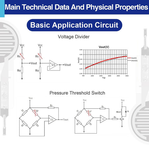 4Pcs thin-film pressure sensors schematic with voltage divider and threshold switch diagrams for Arduino