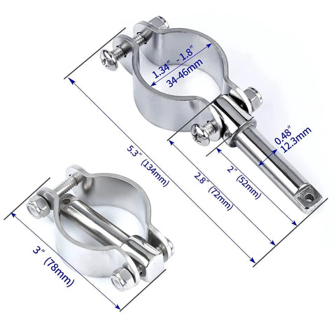 Two Pack 316 Stainless Steel Clamp On Oarlocks For Boats And Yachts Adjustable Rowlock Sockets Marine Grade Mounts dimensions shown
