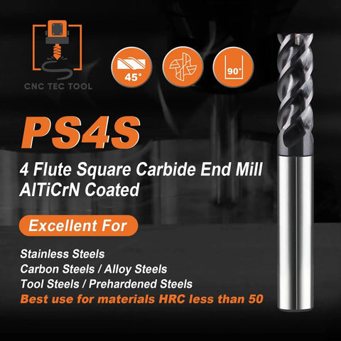 Image of PS4S 4 flute square carbide end mill with AlTiCrN coating for alloy and hardened steels, featuring a 45-degree helix design.