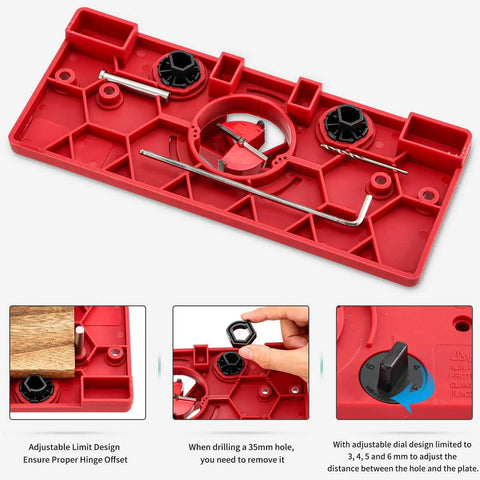 Image of a 35mm Hinge Hole Jig Drill Guide Set, featuring red plastic jig, metal rods, and adjustable dials, for woodworking experts.