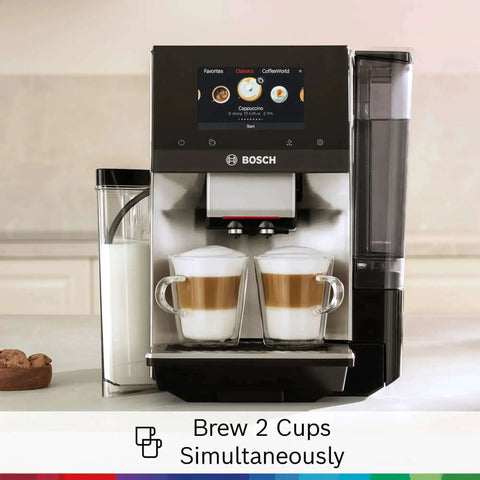 Bosch double-cup fully automatic coffee machine with touchscreen; stainless steel, two glass cups brewing latte macchiato