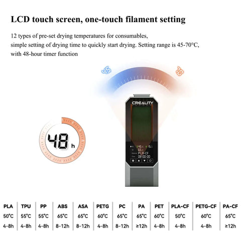 LCD touch screen display on 3D Printer Filament Dryer And Storage Box with drying settings and timer function