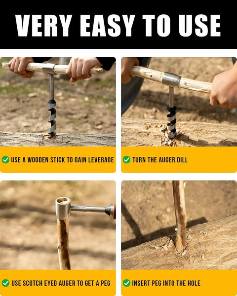 Hands using Upgrade Bushcraft Hand Auger 10 Inch Scotch Eye Wood Drill for wood drilling in outdoor setting.