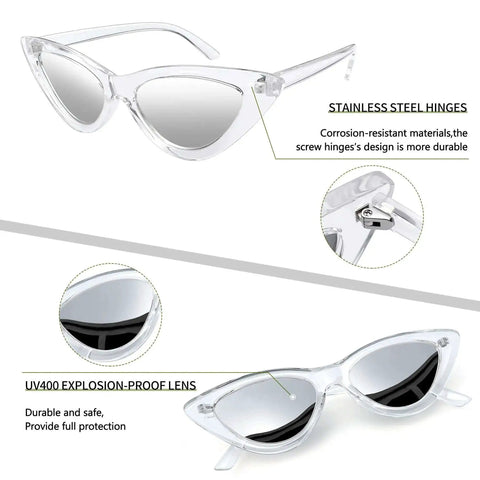 Silver Cat Eye Sunglasses With Polarized UV Protection, Transparent Frame And Mirror Lenses, Y2K Cateye Sunnies For Women