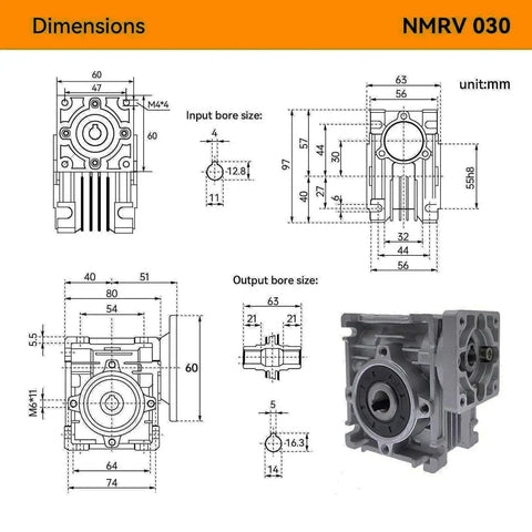 Technical drawing and 3D view of NMRV030 Worm Gearbox Square Type Speed Reducer For NEMA23 Stepper Or Servo Motors