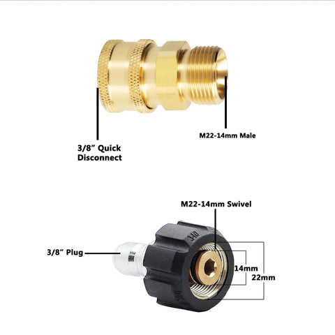 4 Pack Pressure Washer Quick Connect Kit M22 14mm To 3/8 Inch Quick Disconnect For 5000 PSI No-Hassle Hookup Brass Components