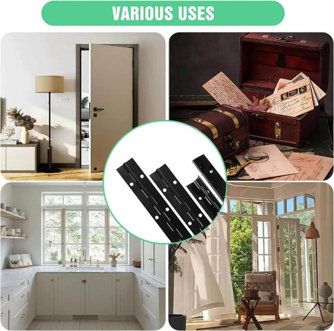 Heavy Duty Piano Hinges 4 Pack 12 Inches By 1.2 Inches Black Stainless Steel for cabinets, doors, boxes in various settings.