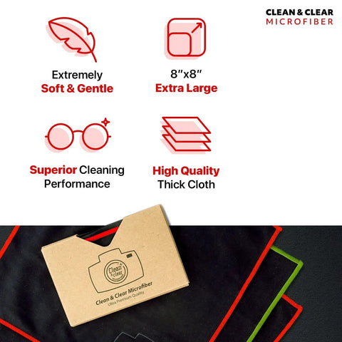 Extra Large Microfiber Cleaning Cloths 8 Pack for Glasses Lenses and Screens, features and packaging details.
