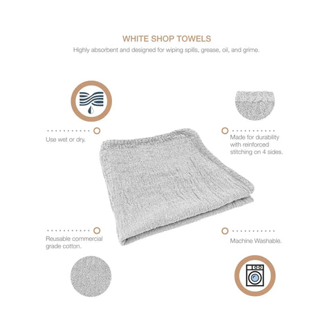 Absorbent Cotton Shop Towels 11x12 50 Pack Reusable Cleaning Rags For Auto Garage Home Kitchen Use with icons showing features
