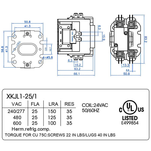 Heavy Duty 24V 25A 1 Pole HVAC Contactor Replacement Relay with technical specifications and UL certification details diagram