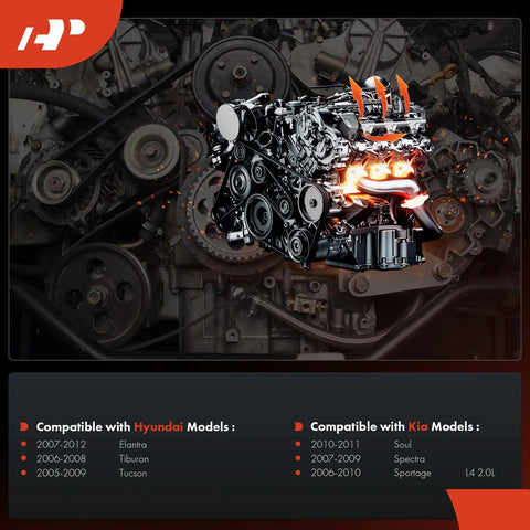 A-Premium engine coolant temperature sensor concept image; exploded engine with orange glow and Hyundai/Kia model list.