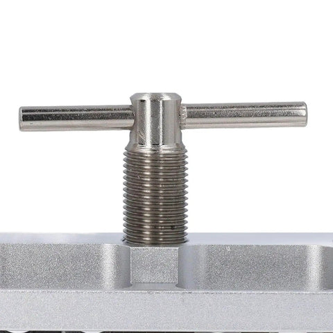 Close-up of Self Centering Doweling Jig Kit With Adjustable Width Drilling Guide And Six Bushings, Universal Wood Thickness Range 0.4 To 2.4 Inches, Silver Finish