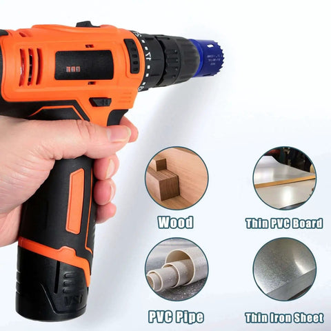 Hand using drill with Bi Metal Hole Saw With Arbor One Three Eighths Inch 35mm for wood, plastic, metal, drywall.