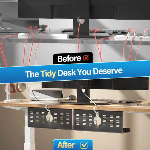 Before and after image showing 2 Pack Under Desk Cable Management Tray Black Large 16x5x6 Inch Alloy Steel Cord Hider Organizer For Office And Home Tape Or Screw Mount Keeps Cables In Check For MacBook Chargers And Bulky Adapters installed under desk with tidy cables.