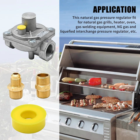 Half Inch Gas Pressure Regulator With Two Brass Half Inch NPT Outlets for NG and LPG Applications, shown with grill and fittings