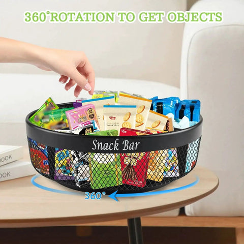 Snack Organizer Turntable For Countertop In Black Metal With Divider 4 Compartment Spinning Tray Go To Lazy Susan loaded with snacks on a table