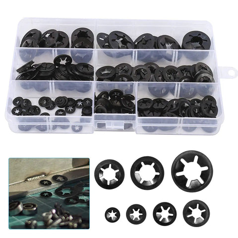 Starlock Washer Set 320 Piece Internal Tooth Locking Washers Kit With 7 Sizes M3 M4 M5 M6 M8 M10 M12, organized in a box