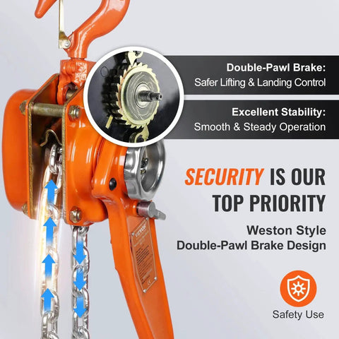 1.5 Ton Manual Lever Chain Hoist With Double-Pawl Brake 10 Ft Lift, showing orange hoist with close-up of brake mechanism.