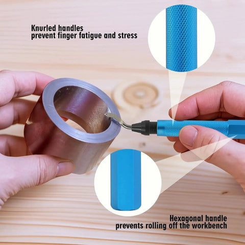 Deburring Tool Kit With Metal Handle Chamfer Tool Six And One Half Inch For Aluminum Brass Plastic Pipes Tubes And Holes Includes Extra 10 HSS Blades In Handy Storage Case Great For DIY Projects Pipe Reaming Deburring Burr Removal And Precision Chamfering used on a metal pipe