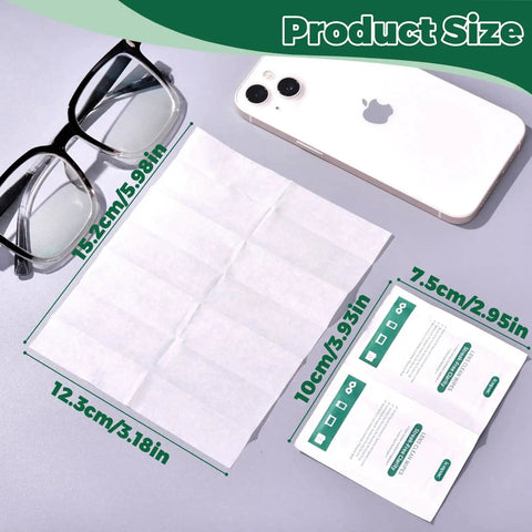 Pre-Moistened Lens Wipes for Glasses and Screens 5x6 Inches 200 Pack shown with glasses and phone