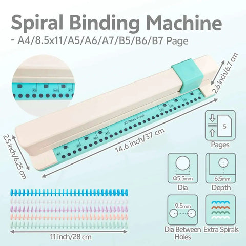 Workhorse 30 Hole Binding Machine with Spiral Binding System for A4 A5 A6 A7 B5 B6 B7 8.5x11 inch papers, dimensions shown