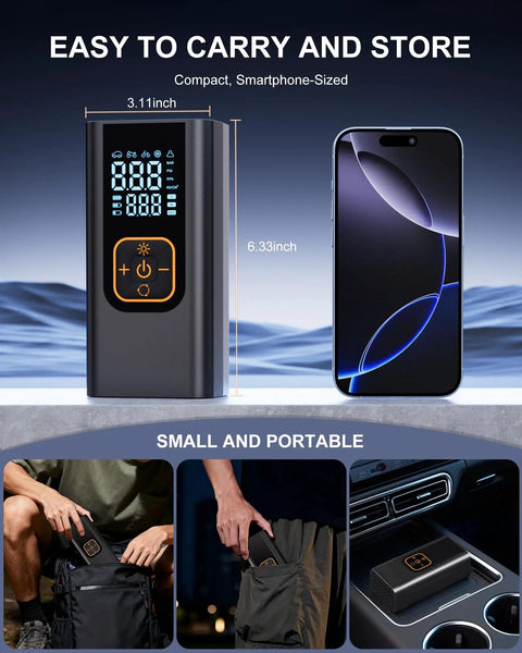 Portable Tire Inflator With 180 PSI Digital Gauge For Cars, Motorcycles, Bikes, And Balls, 12V DC Power, LED Light, close-up showing compact size and digital display.