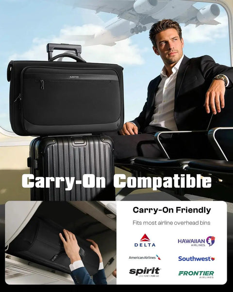 Man with Rolling Garment Bag For Travel With Built In Hanging Hook And Wheels Boss Level Carry On Luggage On Plane