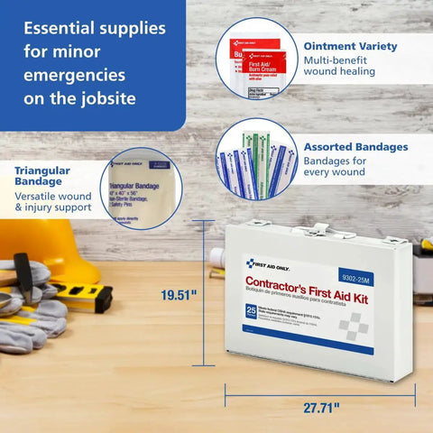 178-Piece Contractor First Aid Kit For Home Renovation And Job Sites 25-Person Capacity displayed with supplies in white case