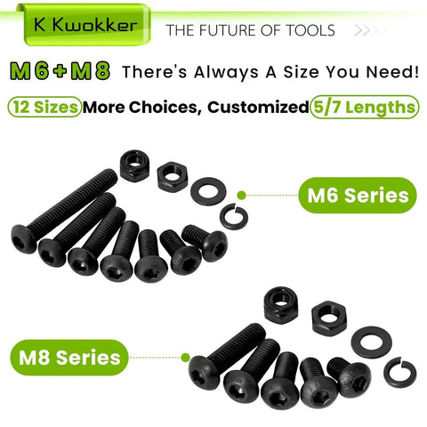 Heavy Duty 500 Piece Set M6 And M8 Screw And Nut Kit With Lock Nuts Washers And Wrenches For DIY Projects And Home Repairs Twelve To Forty Millimeter Button Head Bolts And Alloy Steel Fasteners displayed in M6 and M8 series.