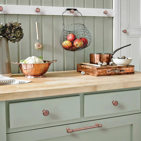 Kitchen with Six Pack 5.04 Inch Center To Center Antique Copper Drawer Pulls Red Bronze Bar Handles on cabinets.