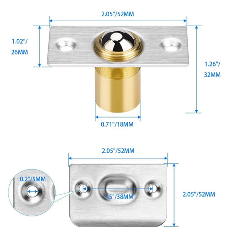 2 Pack Closet Door Ball Catch Hardware Brushed Stainless Steel Drive In Catcher with measurements and detailed dimensions