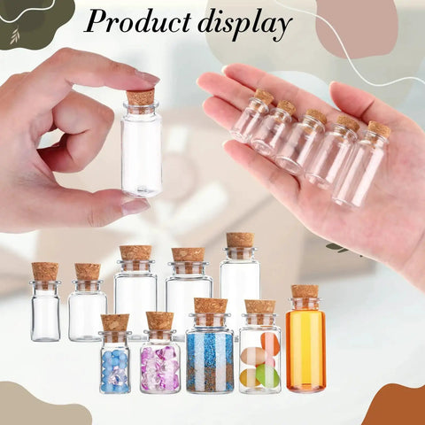 Awesome 25 Pack Mini Plastic Bottles With Cork Stoppers And Eye Screws, shown with hands displaying clear and filled bottles