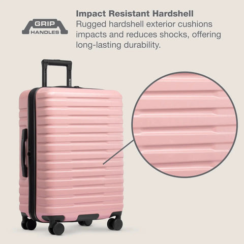 Expandable Hardside Travel Luggage With 8 Spinner Wheels Waterproof Rugged Case Rose Pink 30 Inch Large Checked Suitcase