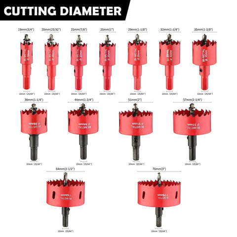 Heavy Duty 13-Piece Bi-Metal Hole Saw Kit With Drill Bits For Thin Metal And Wood, featuring multiple sizes from 3/4" to 3". Carbide tips visible.