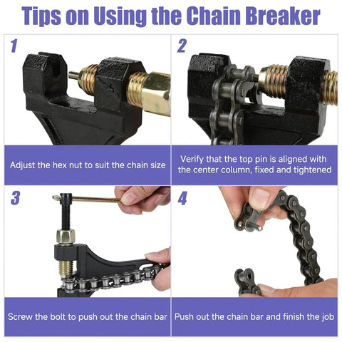 Universal Motorcycle Chain Breaker Tool For 420 428 520 525 530 Chains Built For Dirt Bikes ATVs Go Karts Mini Bikes Scooters Pit Bikes 125cc And More Easy Link Removal And Precise Chain Length Adjustment For Gearheads in use with instructions.