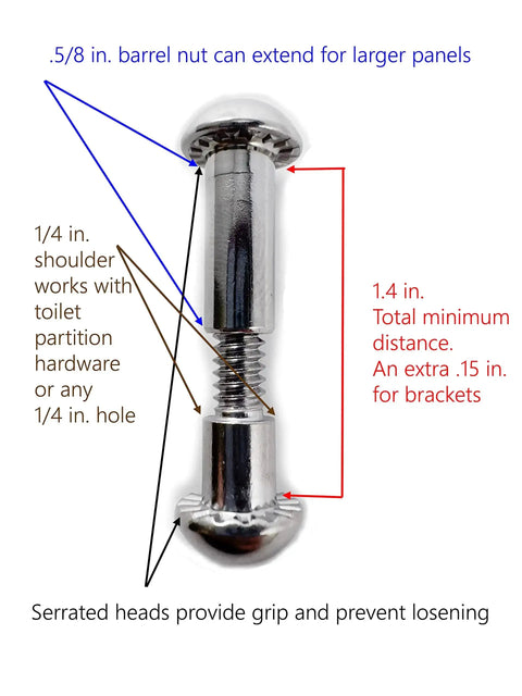 Chrome Plated Torx T27 Security Fastener Set detail with shoulder bolt and barrel nut dimensions for 1-1/4 in panels.