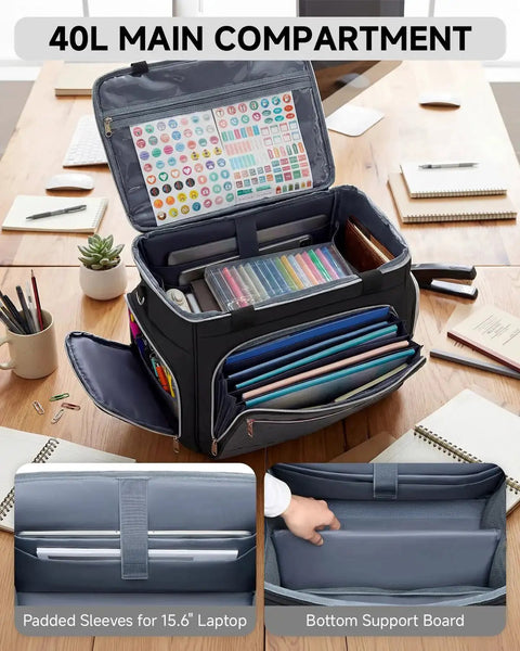 Open view of Rolling Teacher Tote Bag With Accordion File Organizer And Fifteen Point Six Inch Laptop Compartment Five Wheel Design