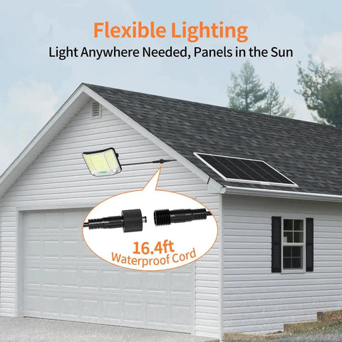 Solar Flood Lights Outdoor Waterproof No Wiring Needed With Remote 20000mAh 4000LM installed on garage with solar panel