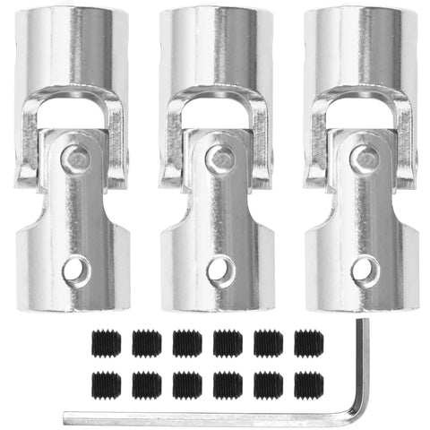 Three silver metal universal U-joint couplers with mounting holes, screws, and an L-shaped hex key