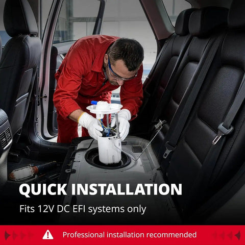 Mechanic installing EFI 255LPH Electric In Tank Fuel Pump High Flow 43 PSI Kit For 12V EFI Systems in car, view from rear seat