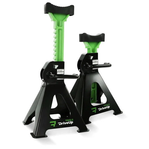 3 Ton Adjustable Floor Jack Stands Set Of 2 With 11 To 17 Inches Lift, black steel stands with green support arms