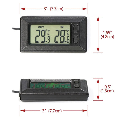 Dual Display Car Thermometer Indoor Outdoor Fahrenheit Celsius Max Min Memory showing dimensions front and side view